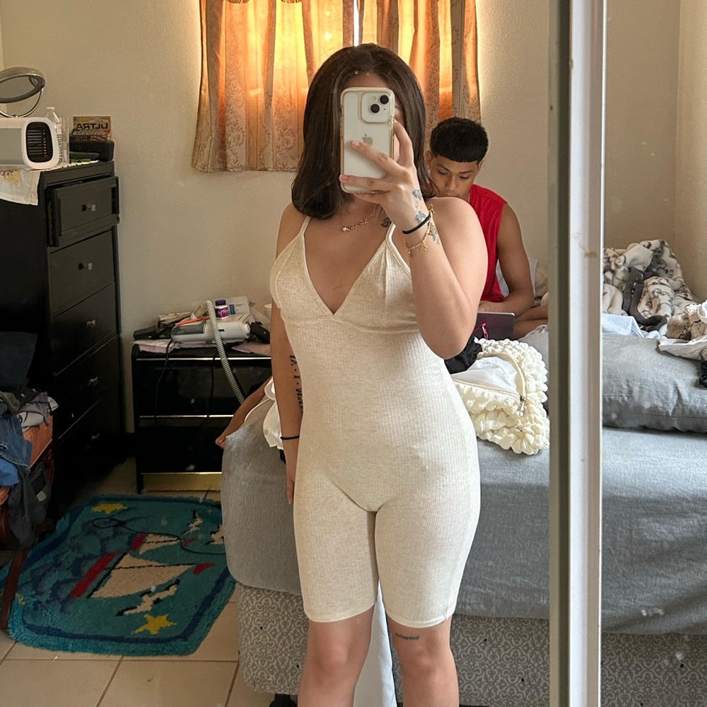 cream ribbed romper